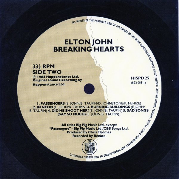 back serial number card, John, Elton - Breaking Hearts